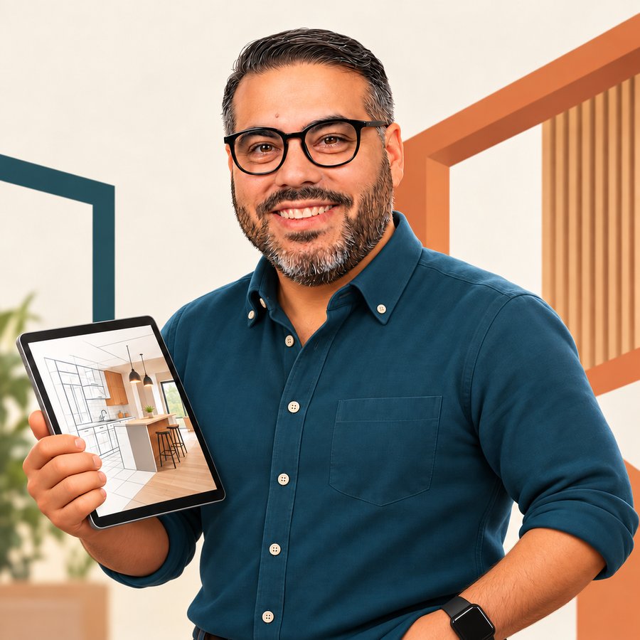 Franco, your renovation guide, holding a tablet with a kitchen plan
